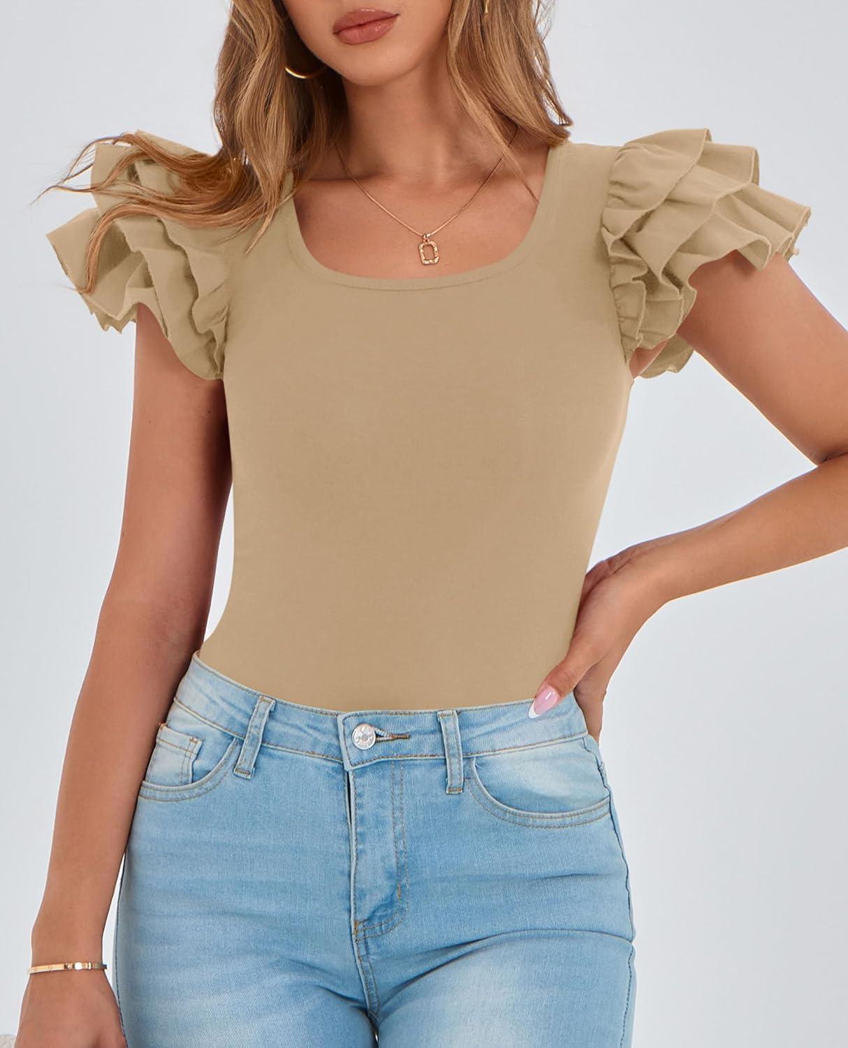 imagePRETTYGARDEN Womens Ruffle Short Sleeve Shirts 2025 Summer Casual Basic Tee Cute Fitted Crew Neck Fashion Tops ClothesKhaki