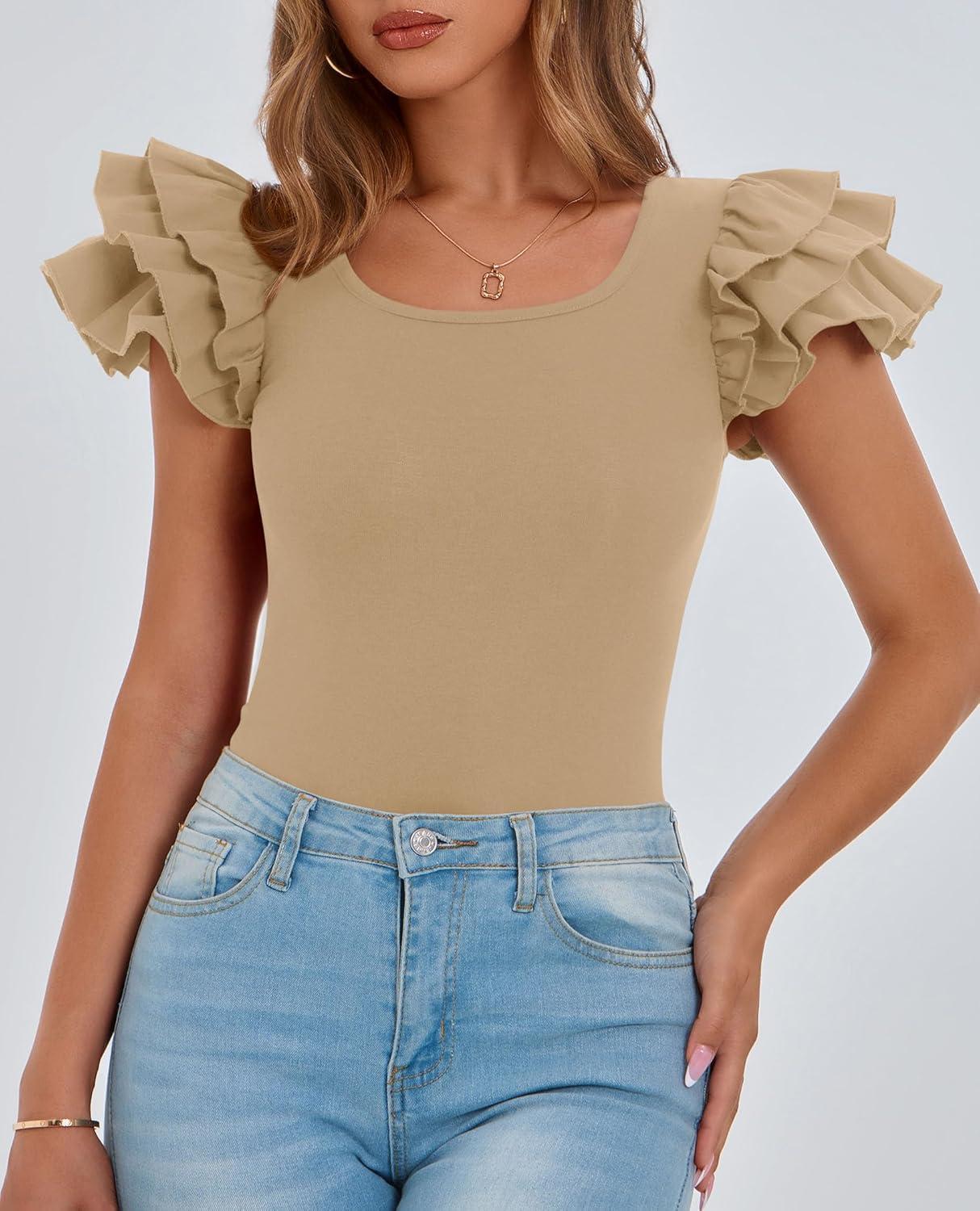 imagePRETTYGARDEN Womens Ruffle Short Sleeve Shirts 2025 Summer Casual Basic Tee Cute Fitted Crew Neck Fashion Tops ClothesKhaki