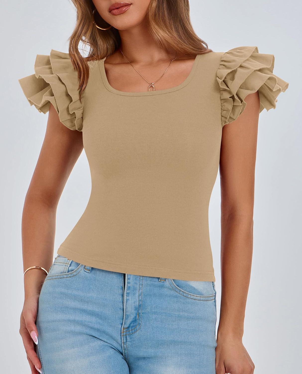 imagePRETTYGARDEN Womens Ruffle Short Sleeve Shirts 2025 Summer Casual Basic Tee Cute Fitted Crew Neck Fashion Tops ClothesKhaki