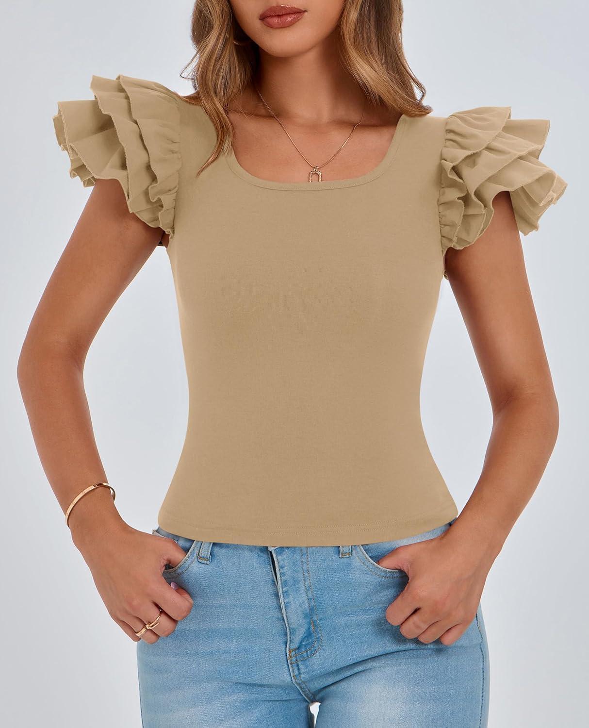 imagePRETTYGARDEN Womens Ruffle Short Sleeve Shirts 2025 Summer Casual Basic Tee Cute Fitted Crew Neck Fashion Tops ClothesKhaki