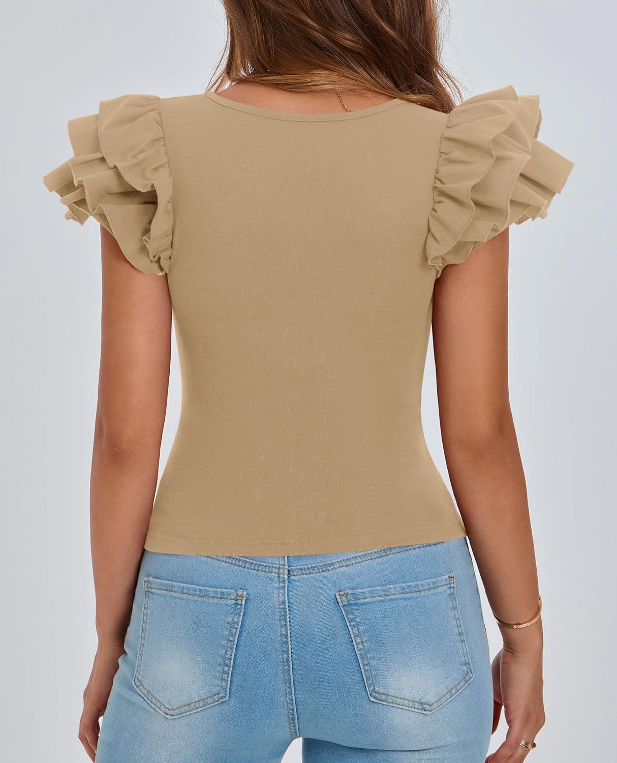imagePRETTYGARDEN Womens Ruffle Short Sleeve Shirts 2025 Summer Casual Basic Tee Cute Fitted Crew Neck Fashion Tops ClothesKhaki