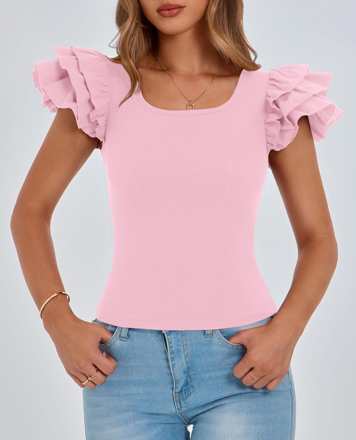 imagePRETTYGARDEN Womens Ruffle Short Sleeve Shirts 2025 Summer Casual Basic Tee Cute Fitted Crew Neck Fashion Tops ClothesLight Pink