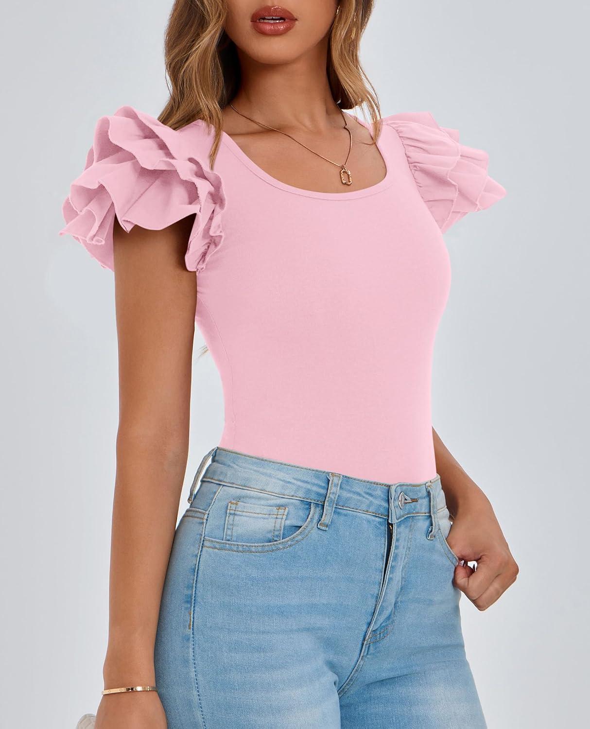 imagePRETTYGARDEN Womens Ruffle Short Sleeve Shirts 2025 Summer Casual Basic Tee Cute Fitted Crew Neck Fashion Tops ClothesLight Pink