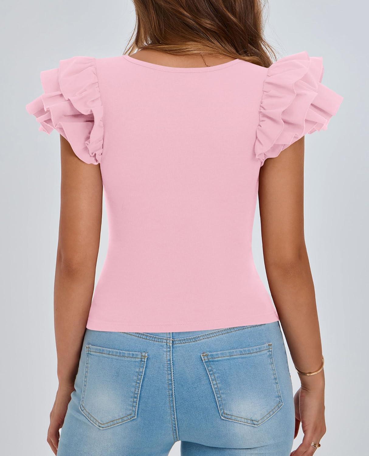 imagePRETTYGARDEN Womens Ruffle Short Sleeve Shirts 2025 Summer Casual Basic Tee Cute Fitted Crew Neck Fashion Tops ClothesLight Pink