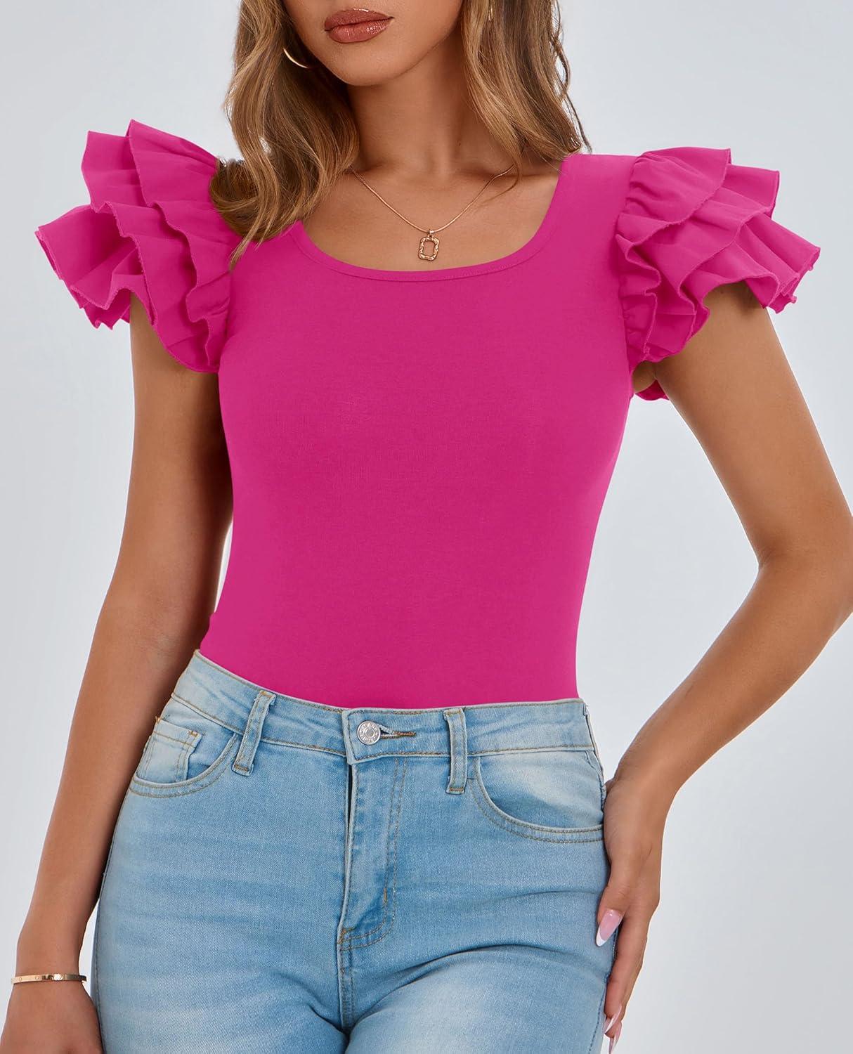 imagePRETTYGARDEN Womens Ruffle Short Sleeve Shirts 2025 Summer Casual Basic Tee Cute Fitted Crew Neck Fashion Tops ClothesRose Red