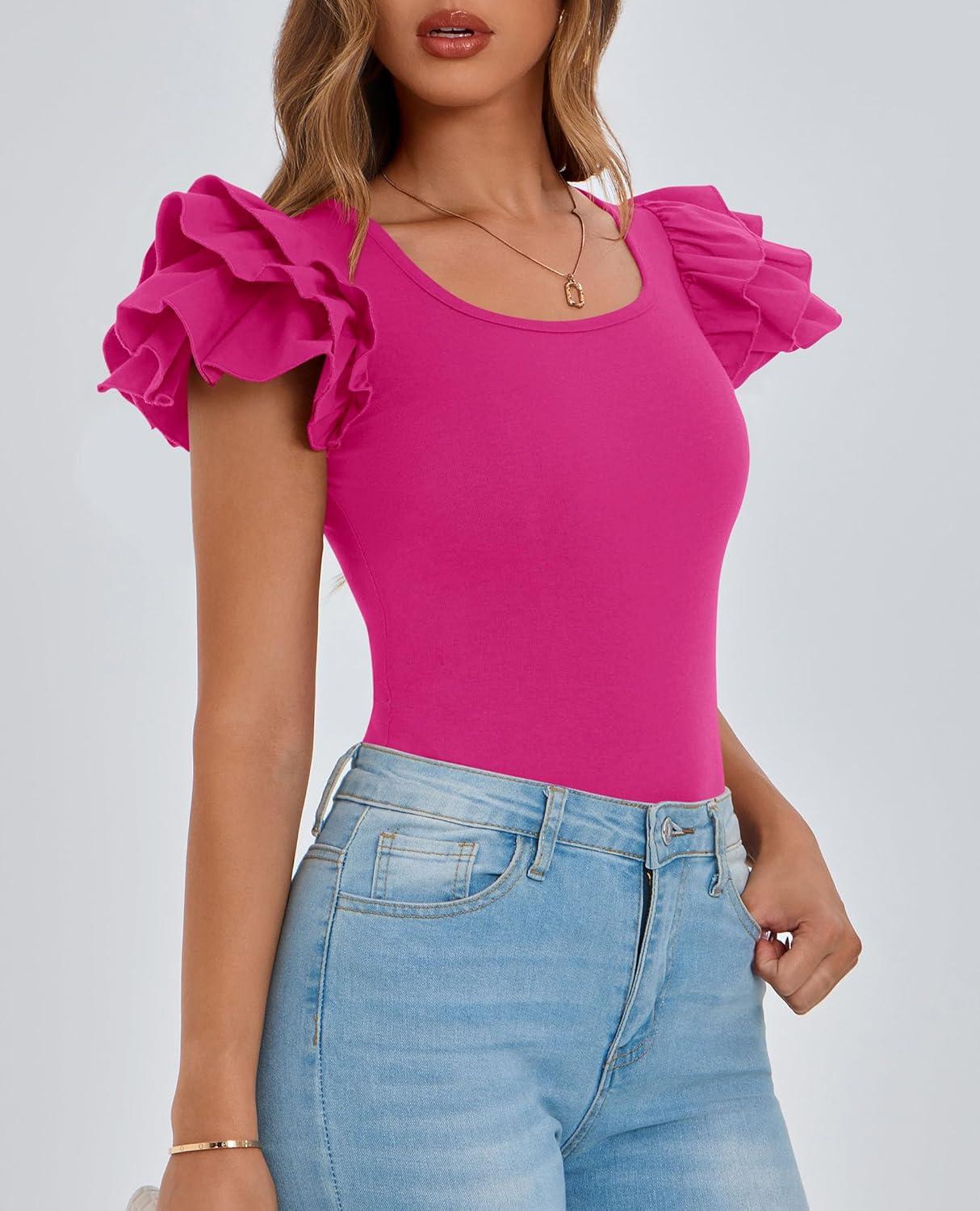 imagePRETTYGARDEN Womens Ruffle Short Sleeve Shirts 2025 Summer Casual Basic Tee Cute Fitted Crew Neck Fashion Tops ClothesRose Red