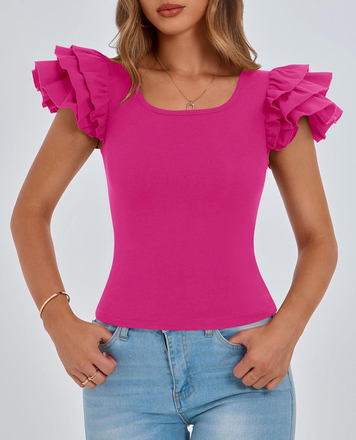 imagePRETTYGARDEN Womens Ruffle Short Sleeve Shirts 2025 Summer Casual Basic Tee Cute Fitted Crew Neck Fashion Tops ClothesRose Red