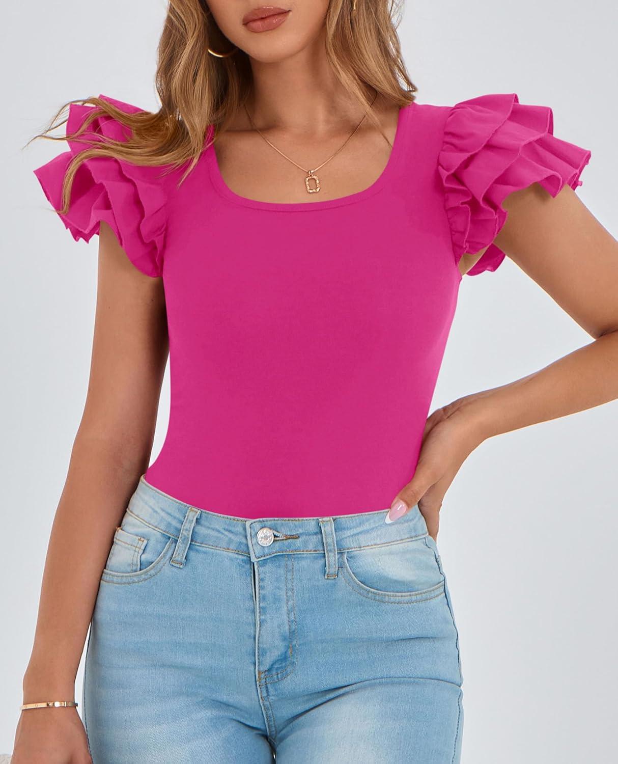 imagePRETTYGARDEN Womens Ruffle Short Sleeve Shirts 2025 Summer Casual Basic Tee Cute Fitted Crew Neck Fashion Tops ClothesRose Red