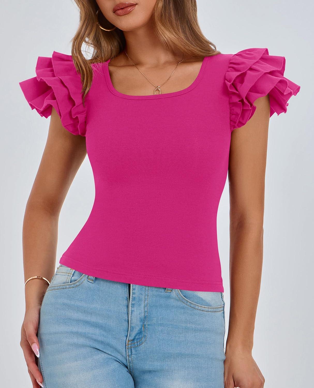 imagePRETTYGARDEN Womens Ruffle Short Sleeve Shirts 2025 Summer Casual Basic Tee Cute Fitted Crew Neck Fashion Tops ClothesRose Red