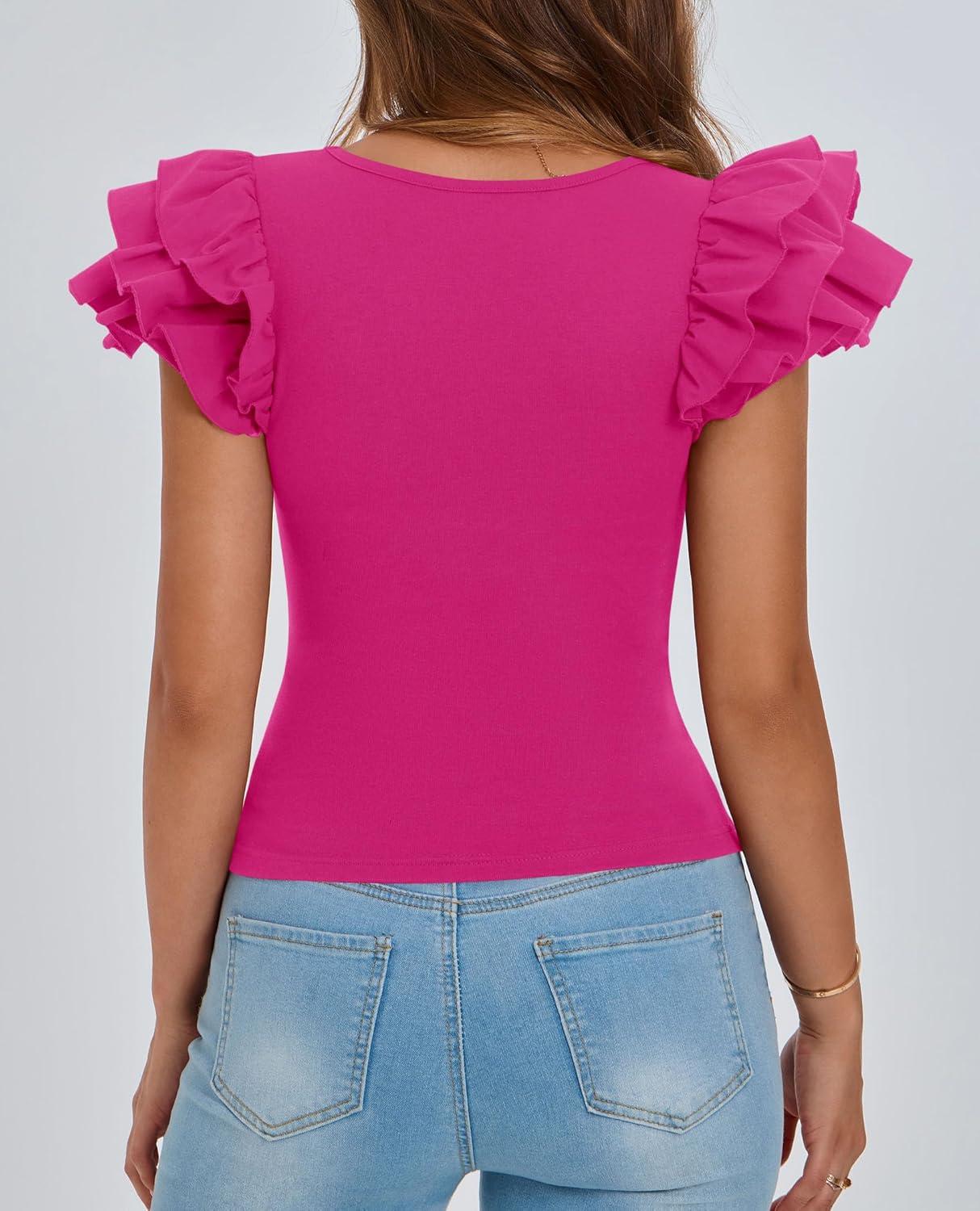 imagePRETTYGARDEN Womens Ruffle Short Sleeve Shirts 2025 Summer Casual Basic Tee Cute Fitted Crew Neck Fashion Tops ClothesRose Red