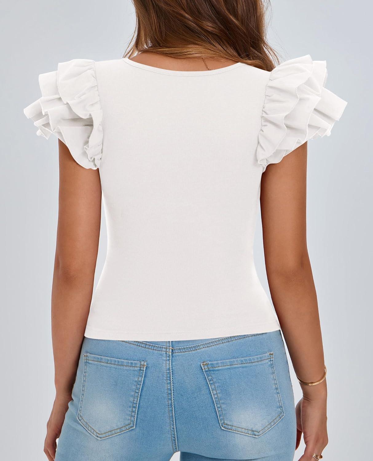 imagePRETTYGARDEN Womens Ruffle Short Sleeve Shirts 2025 Summer Casual Basic Tee Cute Fitted Crew Neck Fashion Tops ClothesWhite