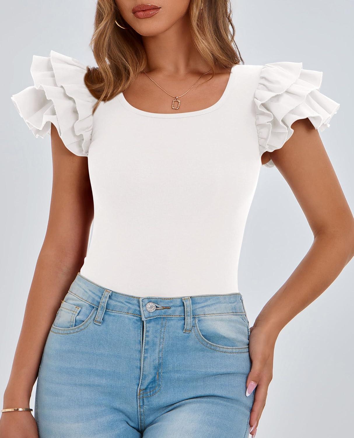 imagePRETTYGARDEN Womens Ruffle Short Sleeve Shirts 2025 Summer Casual Basic Tee Cute Fitted Crew Neck Fashion Tops ClothesWhite