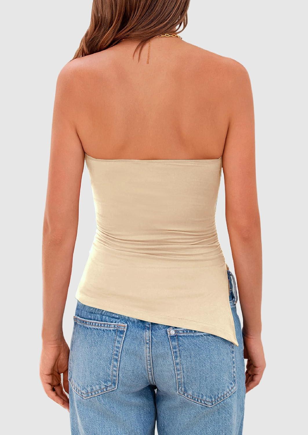 imagePRETTYGARDEN Womens Summer Tube Tops 2025 Trendy Strapless Ruched Going Out Tops Outfits Asymmetrical Bandeau ShirtsApricot