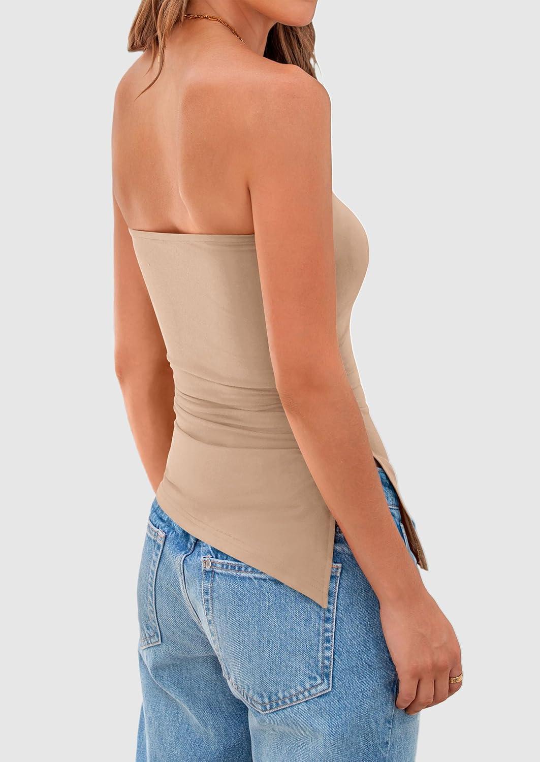 imagePRETTYGARDEN Womens Summer Tube Tops 2025 Trendy Strapless Ruched Going Out Tops Outfits Asymmetrical Bandeau ShirtsApricot