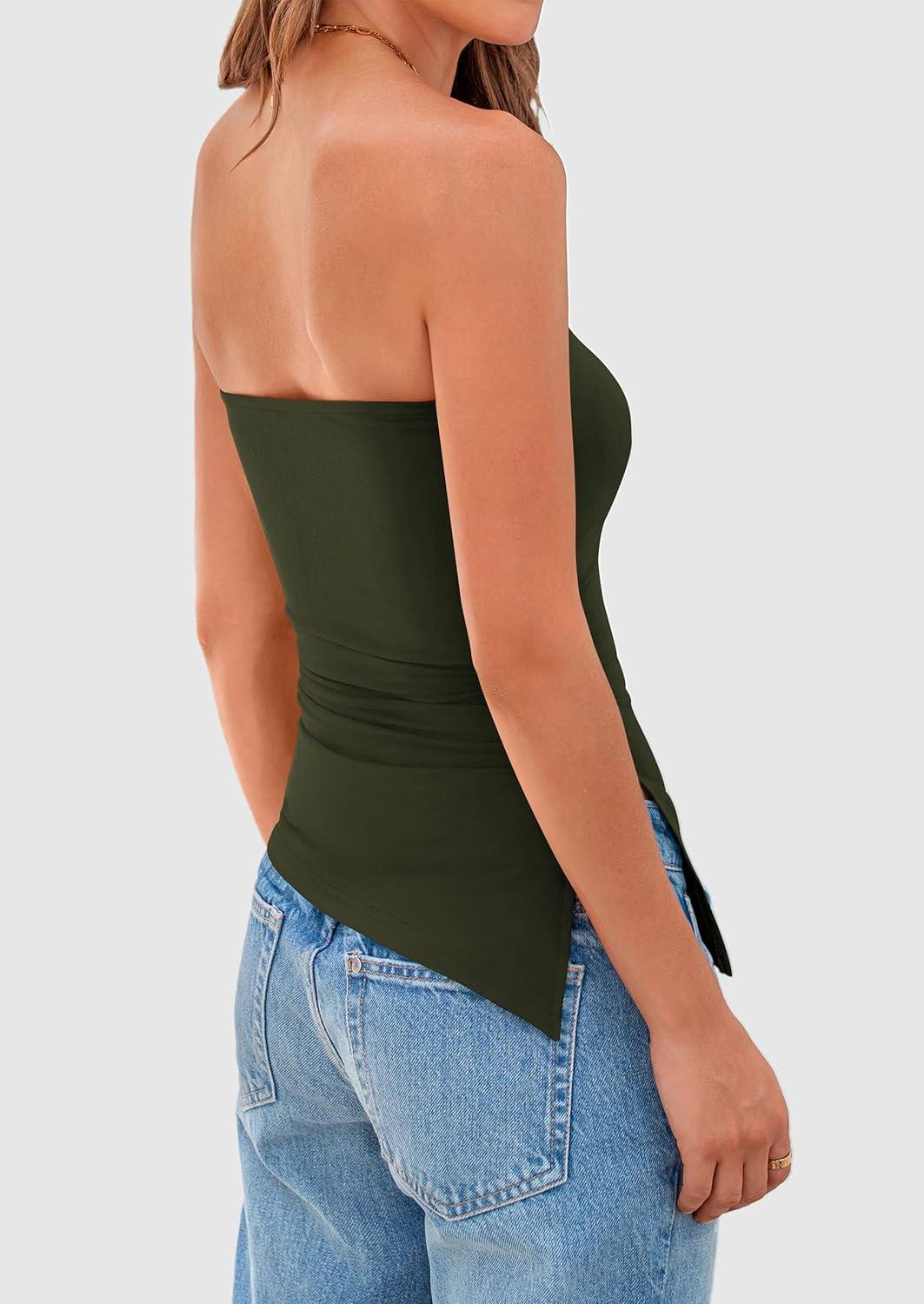 imagePRETTYGARDEN Womens Summer Tube Tops 2025 Trendy Strapless Ruched Going Out Tops Outfits Asymmetrical Bandeau ShirtsArmy Green
