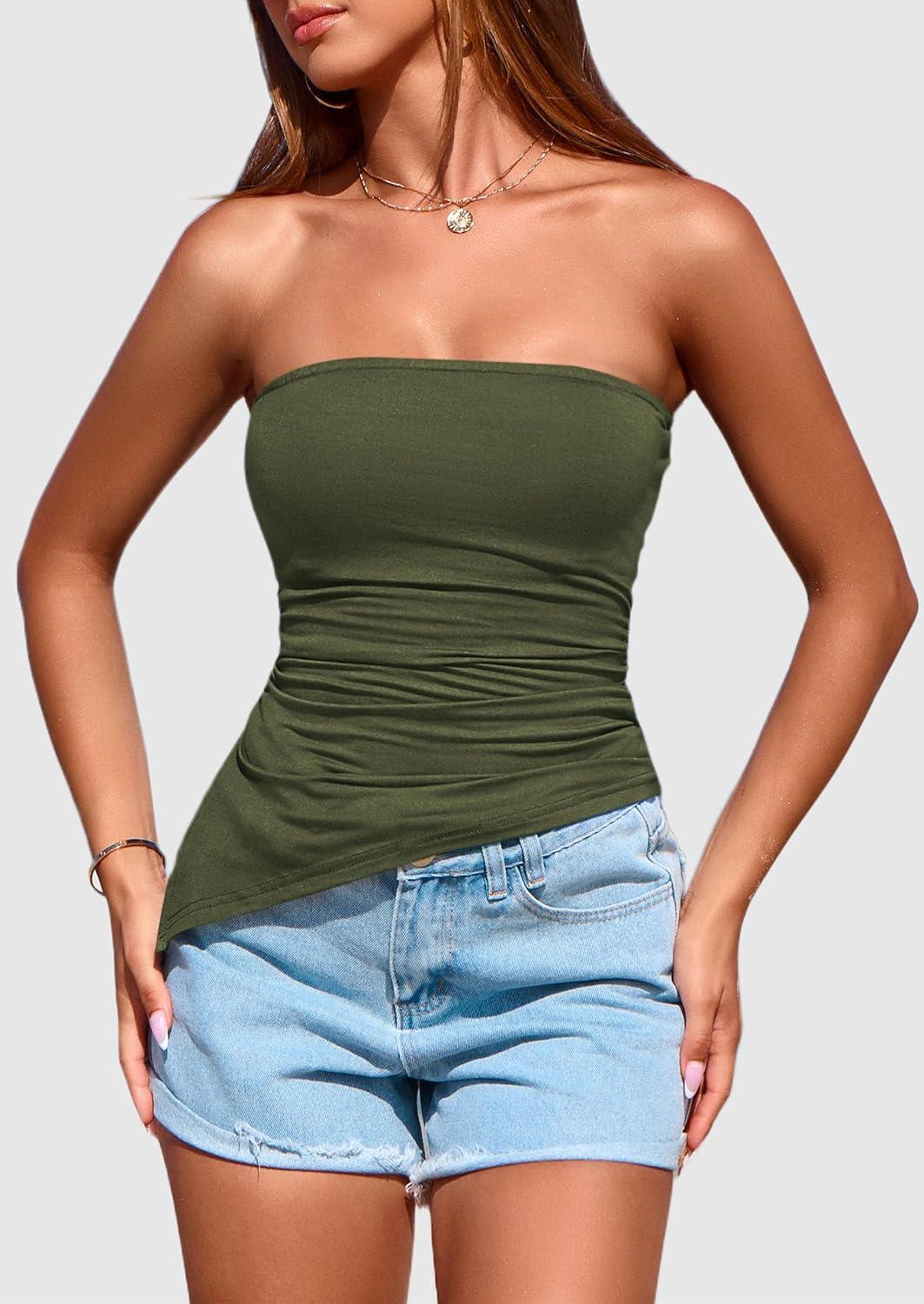 imagePRETTYGARDEN Womens Summer Tube Tops 2025 Trendy Strapless Ruched Going Out Tops Outfits Asymmetrical Bandeau ShirtsArmy Green