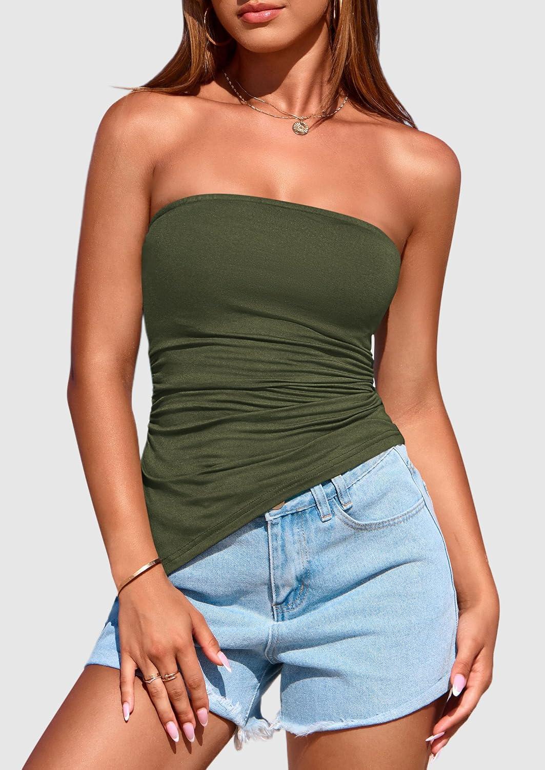 imagePRETTYGARDEN Womens Summer Tube Tops 2025 Trendy Strapless Ruched Going Out Tops Outfits Asymmetrical Bandeau ShirtsArmy Green