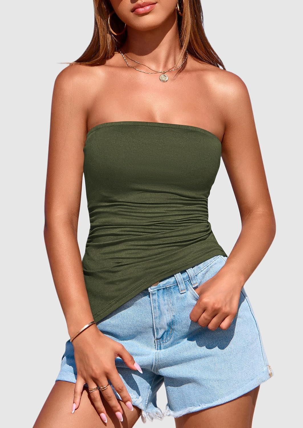 imagePRETTYGARDEN Womens Summer Tube Tops 2025 Trendy Strapless Ruched Going Out Tops Outfits Asymmetrical Bandeau ShirtsArmy Green