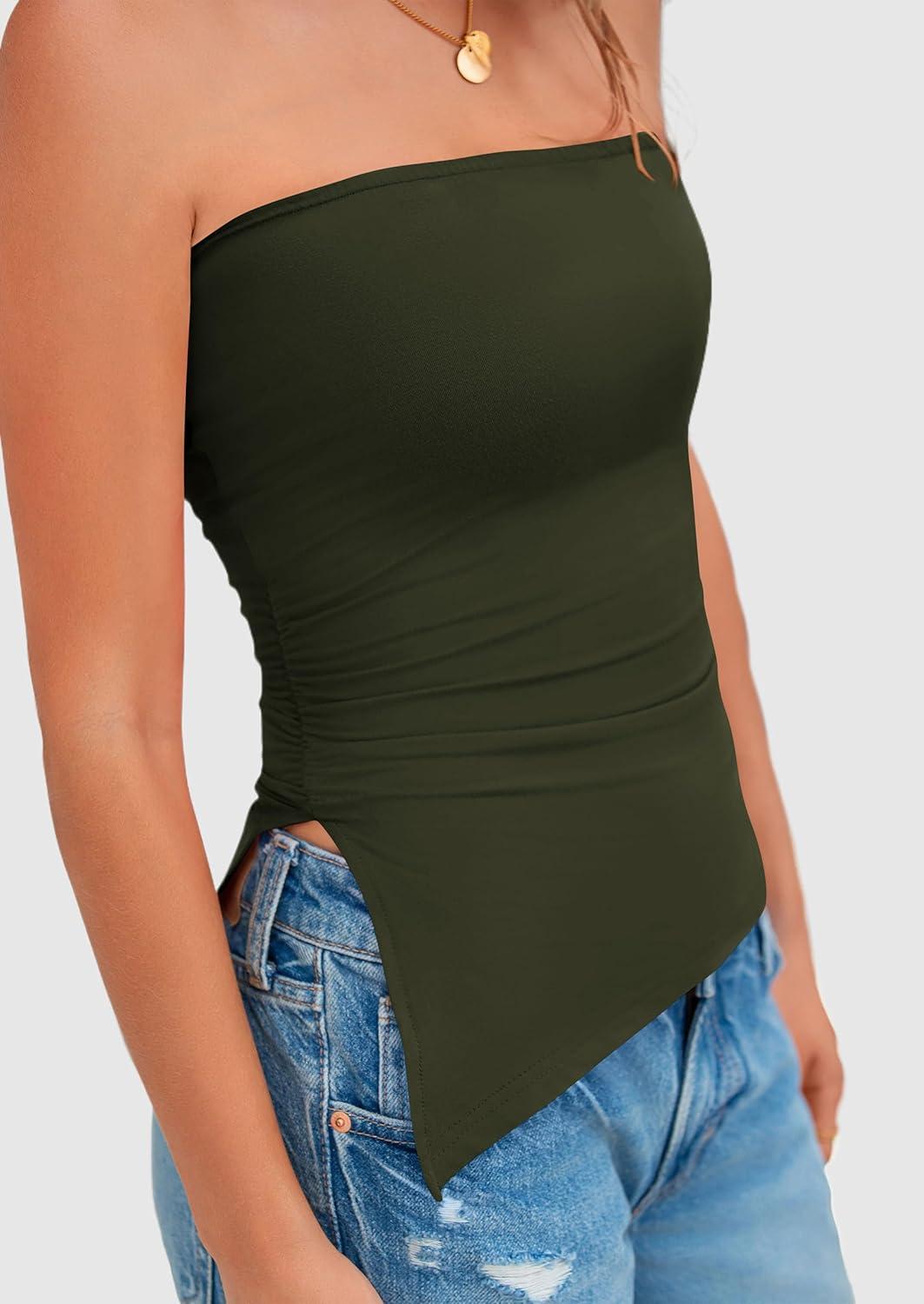 imagePRETTYGARDEN Womens Summer Tube Tops 2025 Trendy Strapless Ruched Going Out Tops Outfits Asymmetrical Bandeau ShirtsArmy Green
