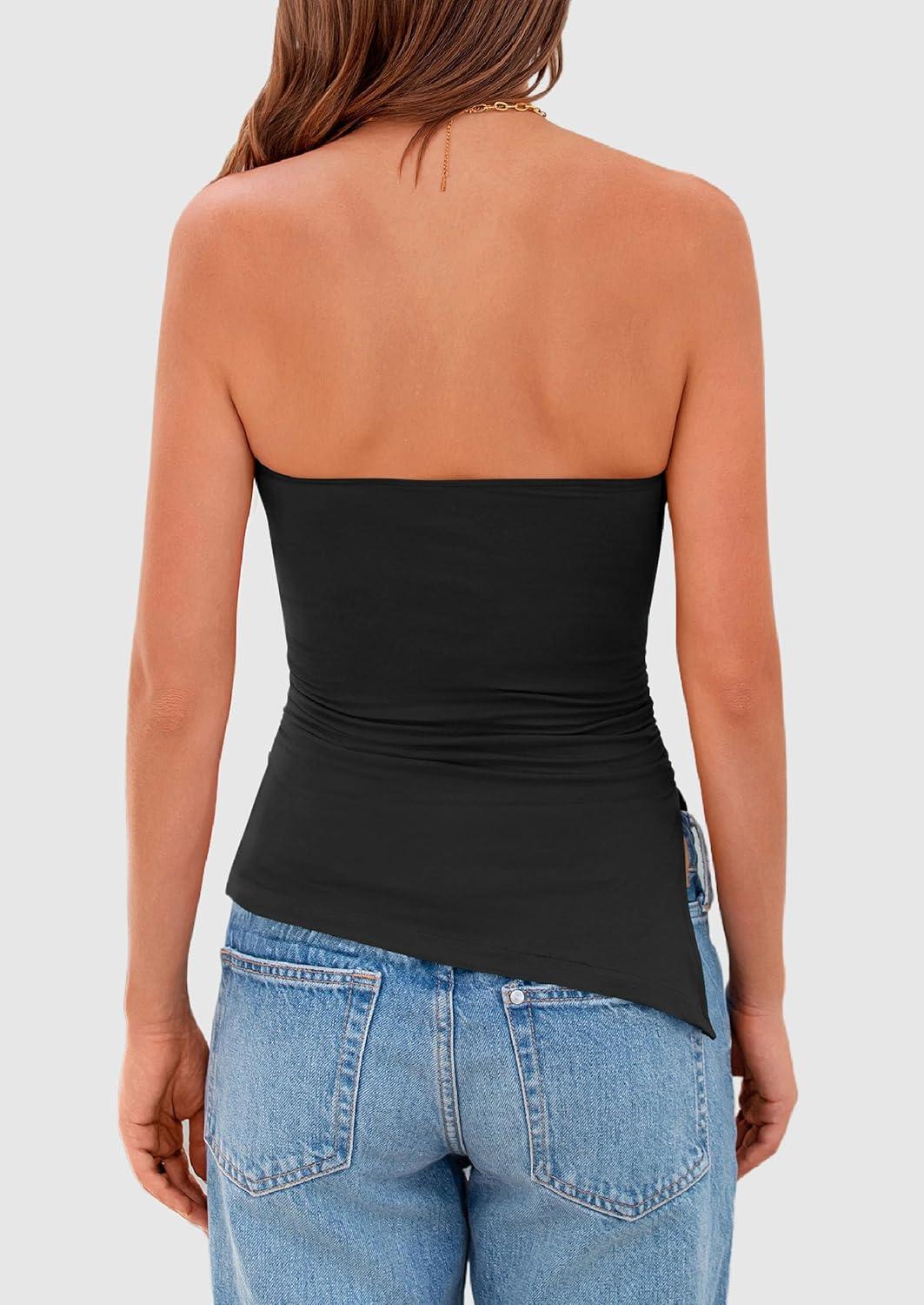 imagePRETTYGARDEN Womens Summer Tube Tops 2025 Trendy Strapless Ruched Going Out Tops Outfits Asymmetrical Bandeau ShirtsBlack
