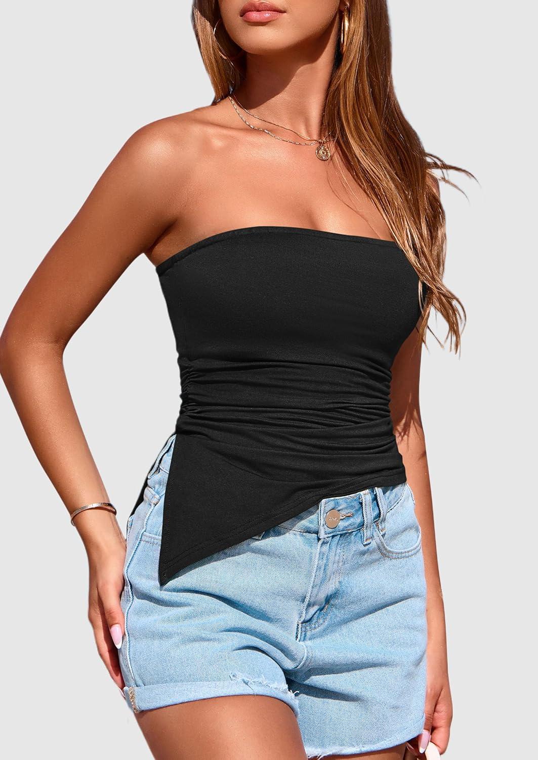 imagePRETTYGARDEN Womens Summer Tube Tops 2025 Trendy Strapless Ruched Going Out Tops Outfits Asymmetrical Bandeau ShirtsBlack