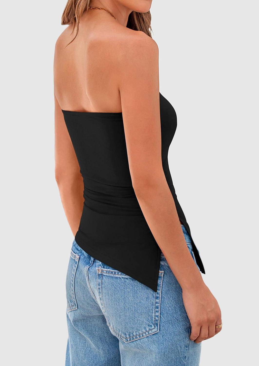 imagePRETTYGARDEN Womens Summer Tube Tops 2025 Trendy Strapless Ruched Going Out Tops Outfits Asymmetrical Bandeau ShirtsBlack