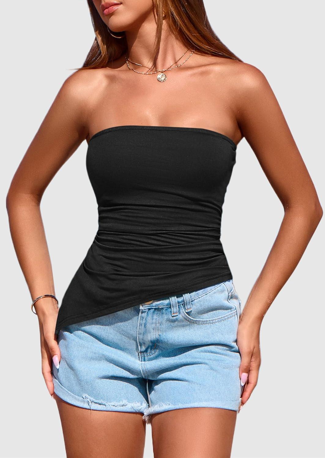 imagePRETTYGARDEN Womens Summer Tube Tops 2025 Trendy Strapless Ruched Going Out Tops Outfits Asymmetrical Bandeau ShirtsBlack