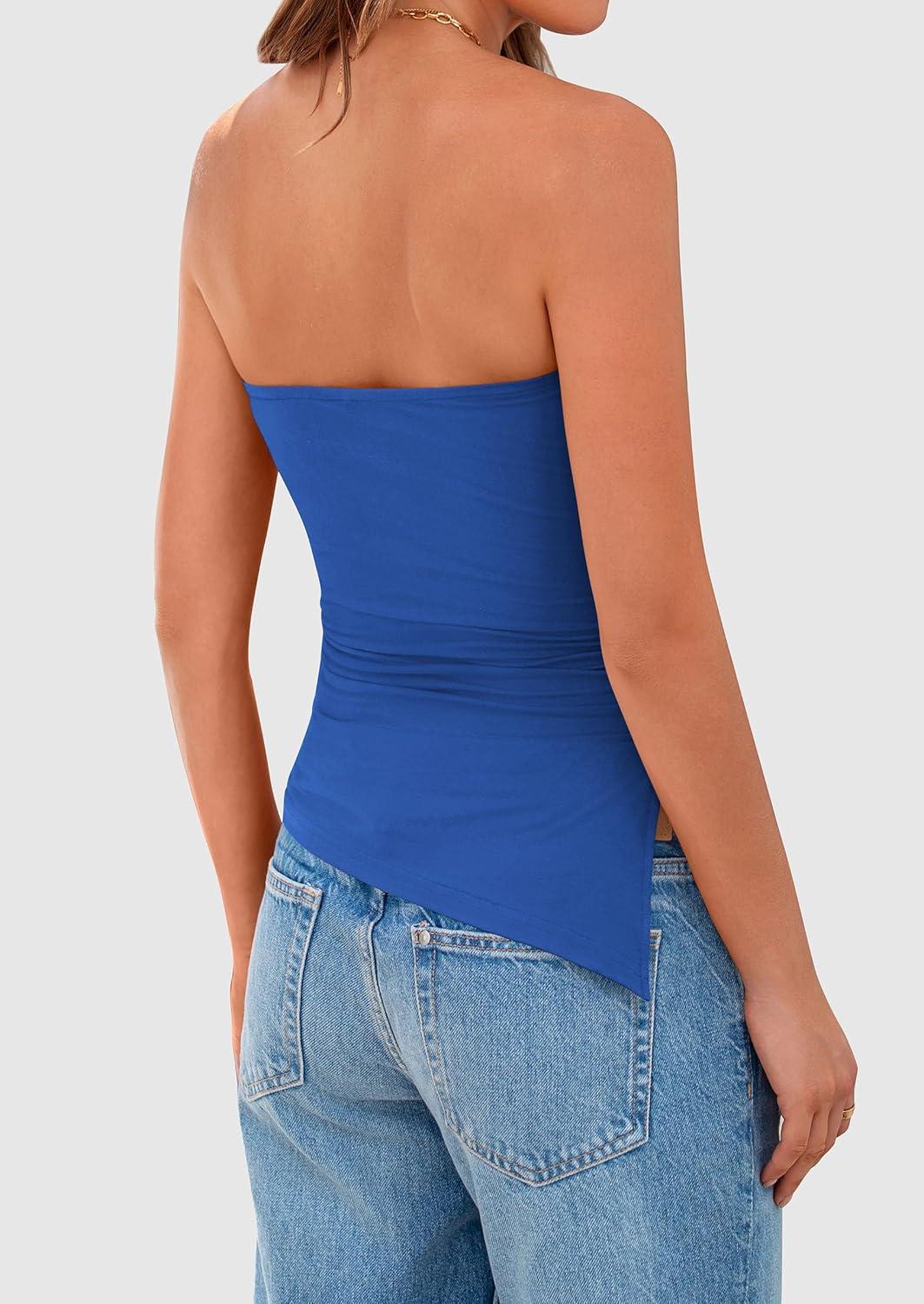 imagePRETTYGARDEN Womens Summer Tube Tops 2025 Trendy Strapless Ruched Going Out Tops Outfits Asymmetrical Bandeau ShirtsBlue
