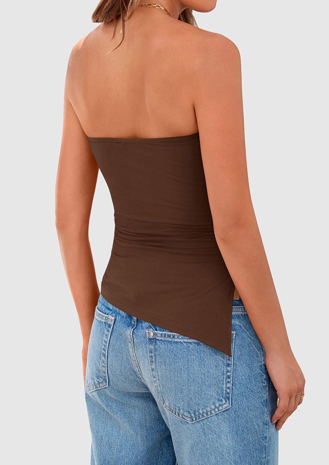 imagePRETTYGARDEN Womens Summer Tube Tops 2025 Trendy Strapless Ruched Going Out Tops Outfits Asymmetrical Bandeau ShirtsBrown