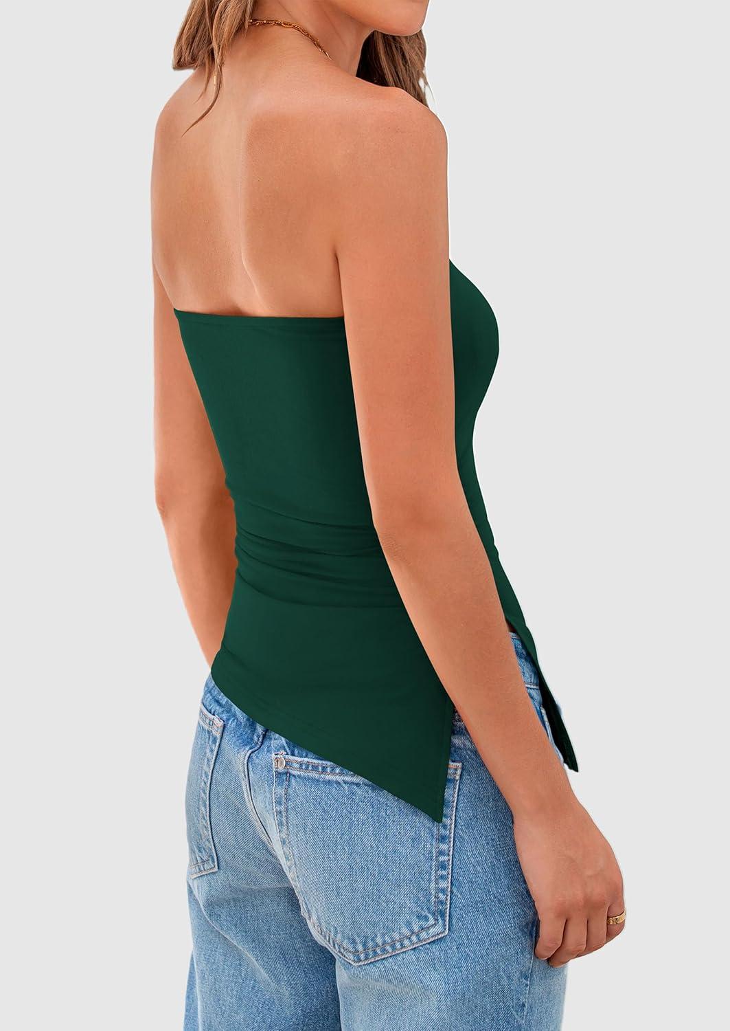 imagePRETTYGARDEN Womens Summer Tube Tops 2025 Trendy Strapless Ruched Going Out Tops Outfits Asymmetrical Bandeau ShirtsDark Green