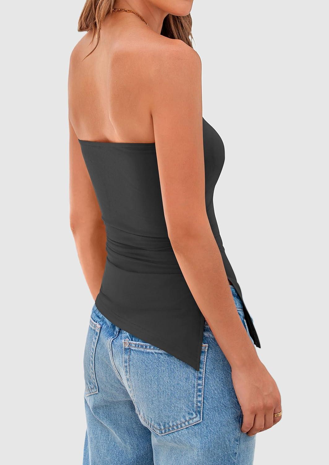 imagePRETTYGARDEN Womens Summer Tube Tops 2025 Trendy Strapless Ruched Going Out Tops Outfits Asymmetrical Bandeau ShirtsDark Grey