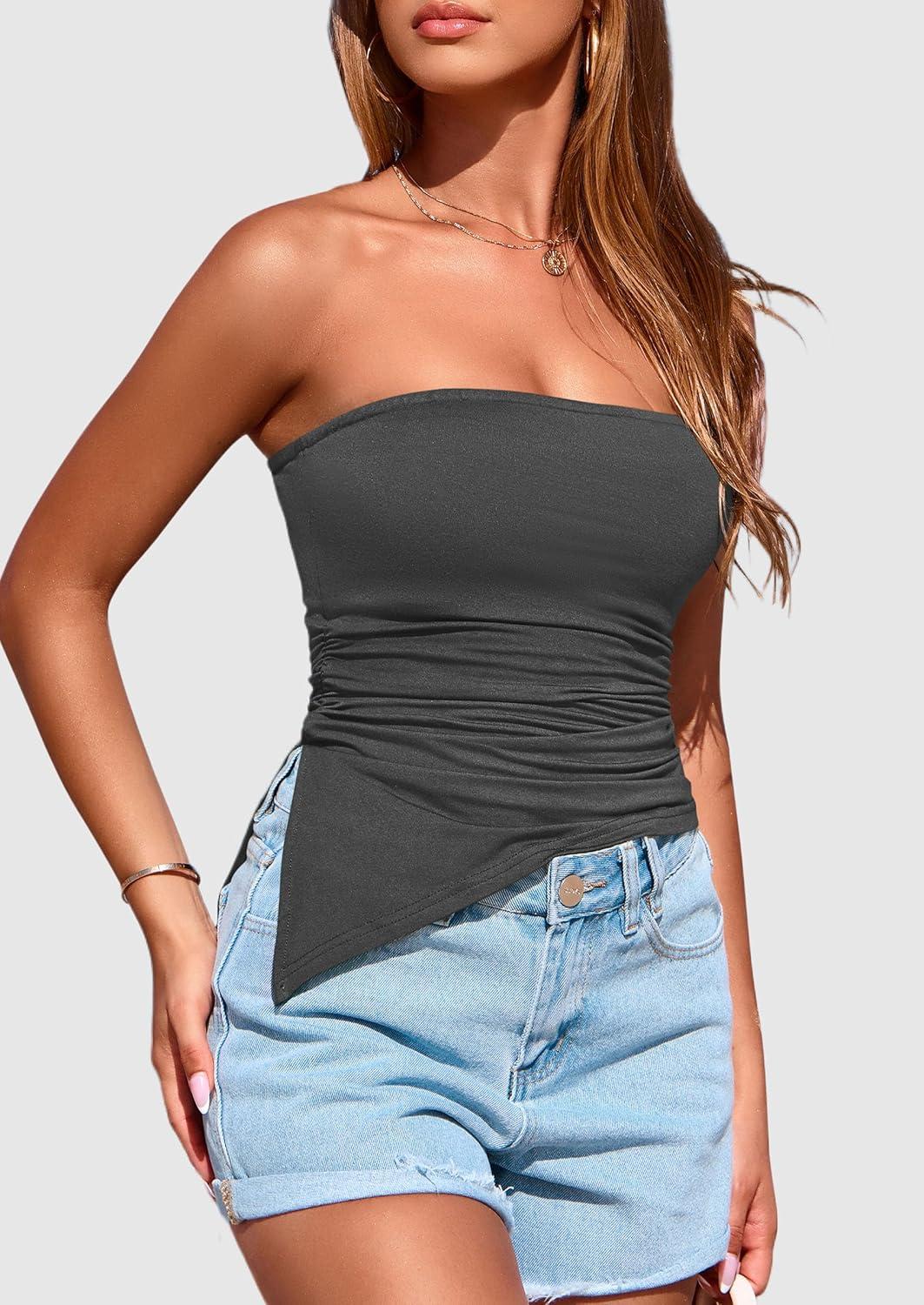 imagePRETTYGARDEN Womens Summer Tube Tops 2025 Trendy Strapless Ruched Going Out Tops Outfits Asymmetrical Bandeau ShirtsDark Grey