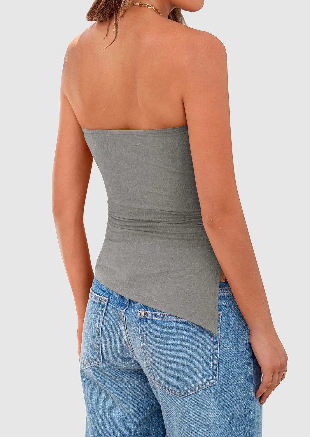 imagePRETTYGARDEN Womens Summer Tube Tops 2025 Trendy Strapless Ruched Going Out Tops Outfits Asymmetrical Bandeau ShirtsGrey