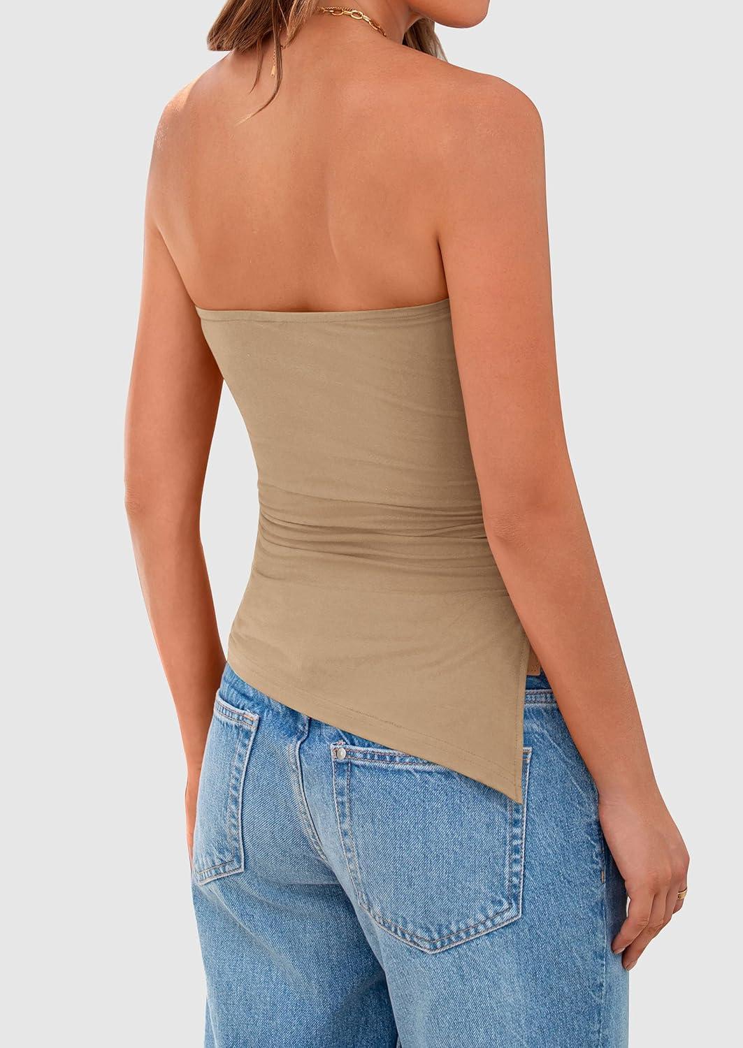 imagePRETTYGARDEN Womens Summer Tube Tops 2025 Trendy Strapless Ruched Going Out Tops Outfits Asymmetrical Bandeau ShirtsKhaki