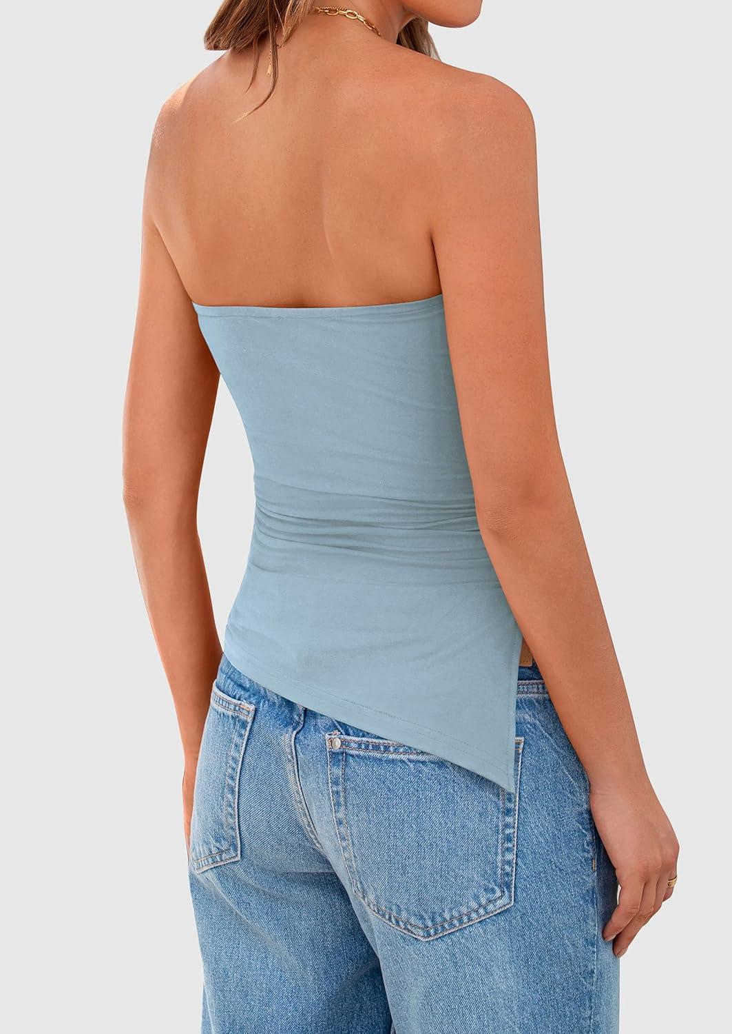 imagePRETTYGARDEN Womens Summer Tube Tops 2025 Trendy Strapless Ruched Going Out Tops Outfits Asymmetrical Bandeau ShirtsLight Grey Blue
