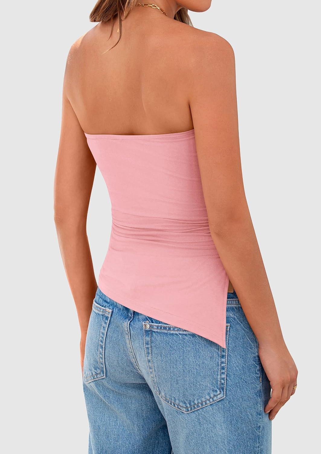 imagePRETTYGARDEN Womens Summer Tube Tops 2025 Trendy Strapless Ruched Going Out Tops Outfits Asymmetrical Bandeau ShirtsPink