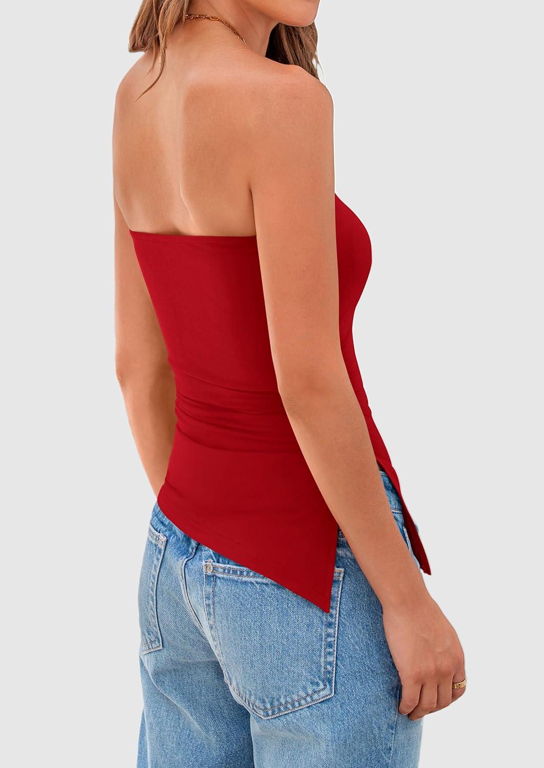 imagePRETTYGARDEN Womens Summer Tube Tops 2025 Trendy Strapless Ruched Going Out Tops Outfits Asymmetrical Bandeau ShirtsRed