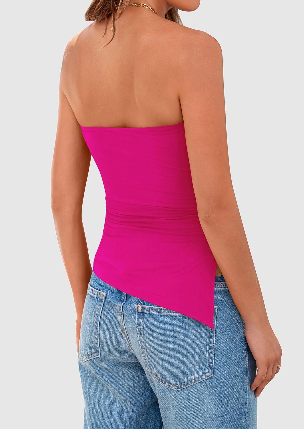 imagePRETTYGARDEN Womens Summer Tube Tops 2025 Trendy Strapless Ruched Going Out Tops Outfits Asymmetrical Bandeau ShirtsRose Red