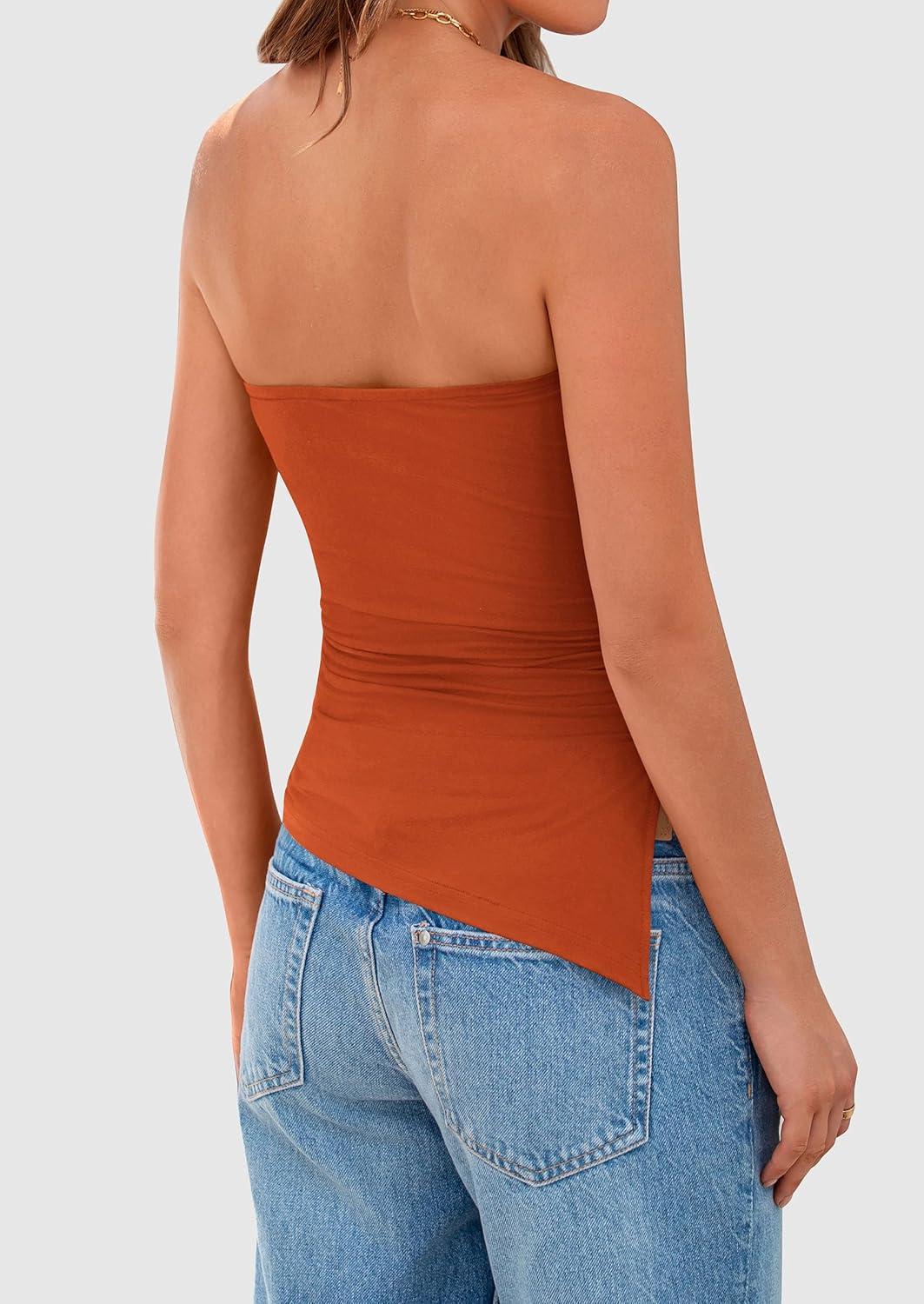 imagePRETTYGARDEN Womens Summer Tube Tops 2025 Trendy Strapless Ruched Going Out Tops Outfits Asymmetrical Bandeau ShirtsRust Red