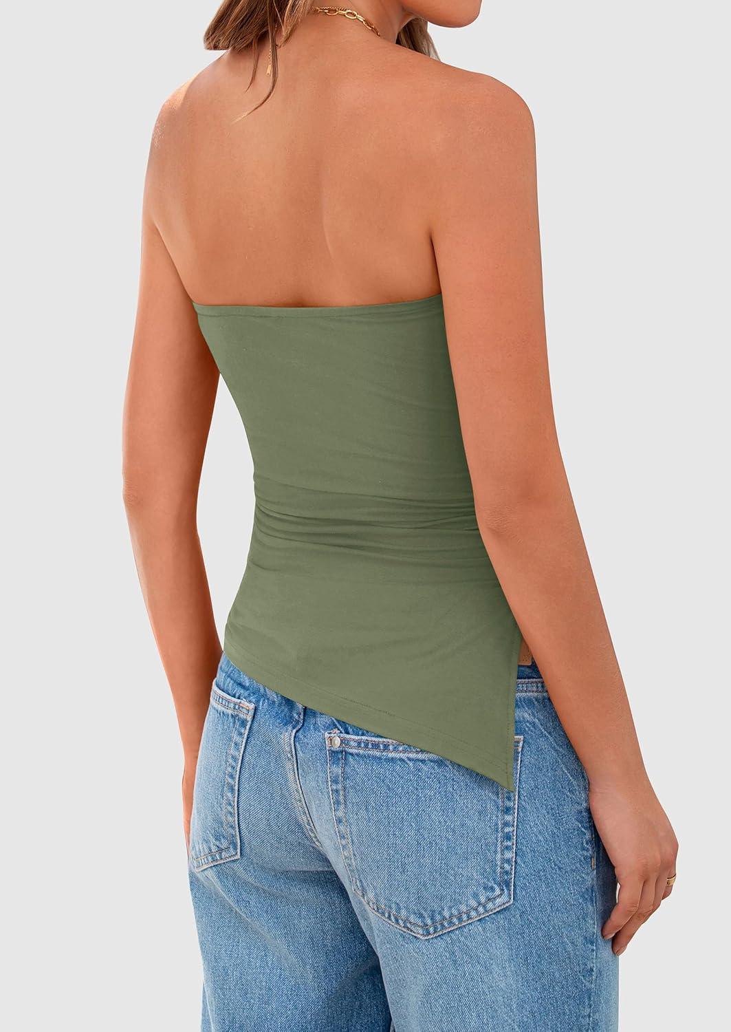 imagePRETTYGARDEN Womens Summer Tube Tops 2025 Trendy Strapless Ruched Going Out Tops Outfits Asymmetrical Bandeau ShirtsSage Green
