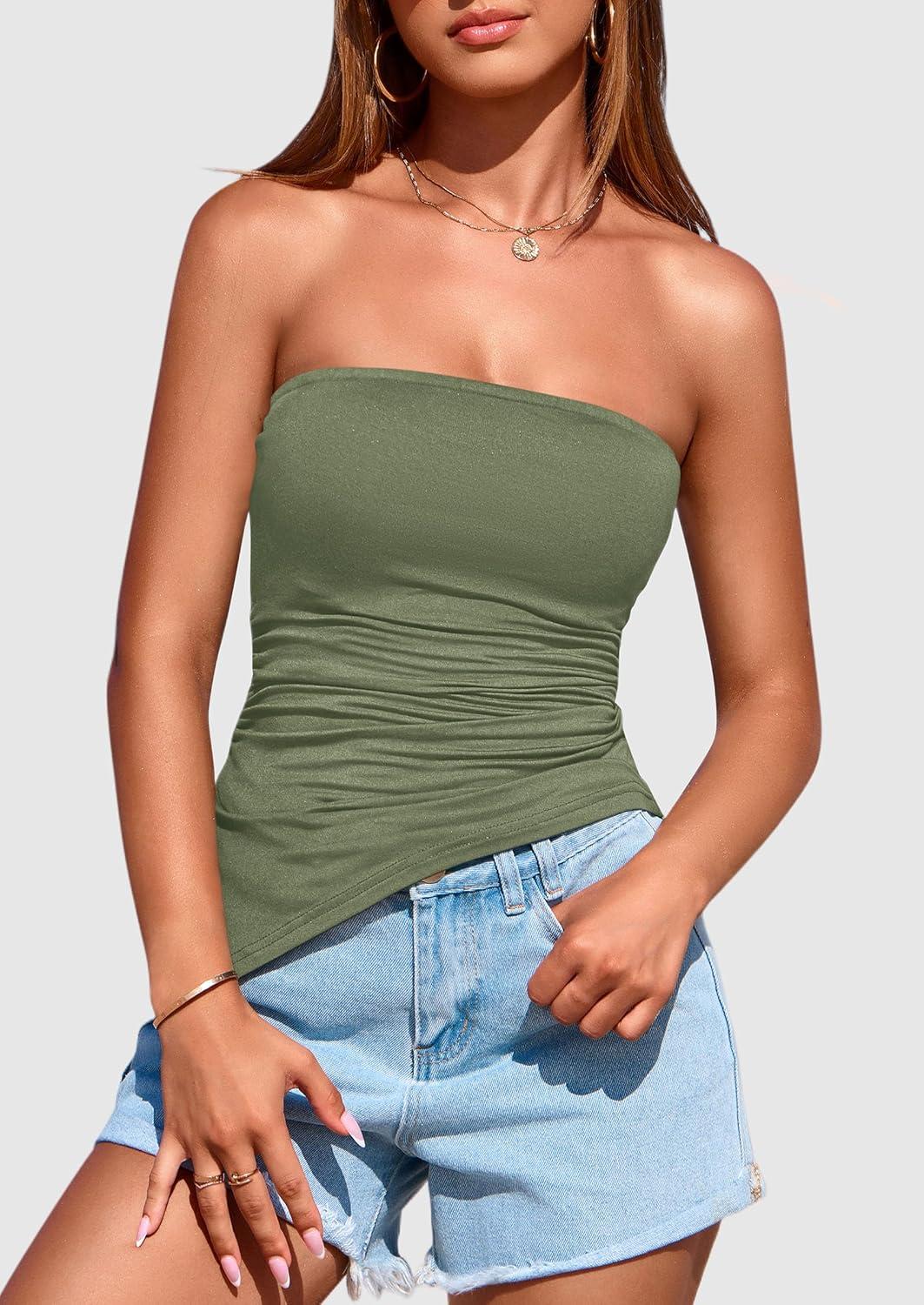 imagePRETTYGARDEN Womens Summer Tube Tops 2025 Trendy Strapless Ruched Going Out Tops Outfits Asymmetrical Bandeau ShirtsSage Green