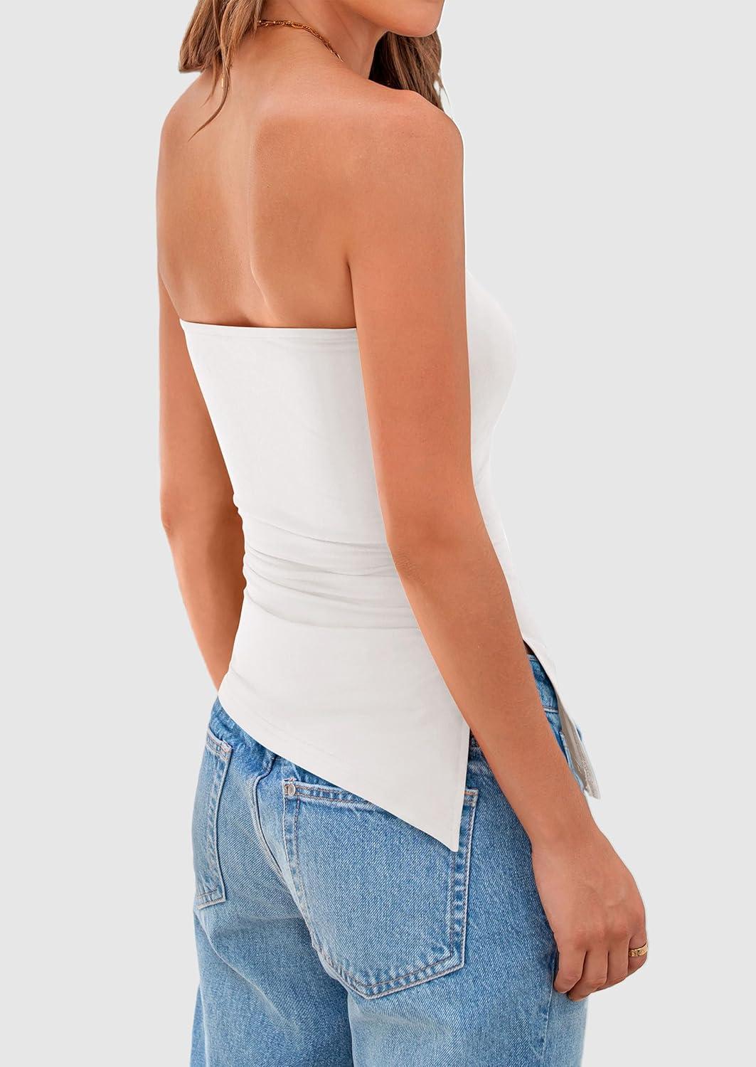 imagePRETTYGARDEN Womens Summer Tube Tops 2025 Trendy Strapless Ruched Going Out Tops Outfits Asymmetrical Bandeau ShirtsWhite