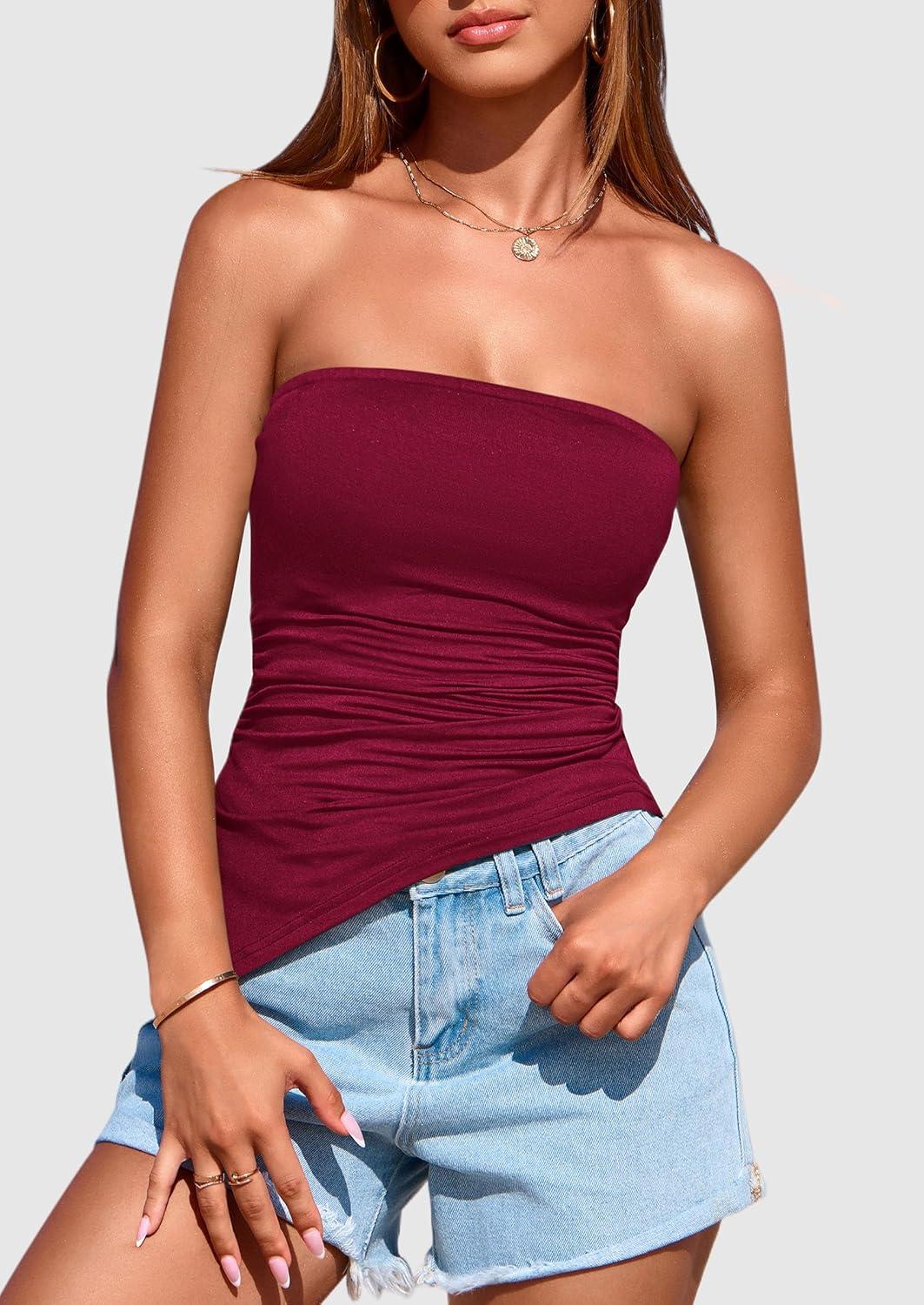 imagePRETTYGARDEN Womens Summer Tube Tops 2025 Trendy Strapless Ruched Going Out Tops Outfits Asymmetrical Bandeau ShirtsWine Red