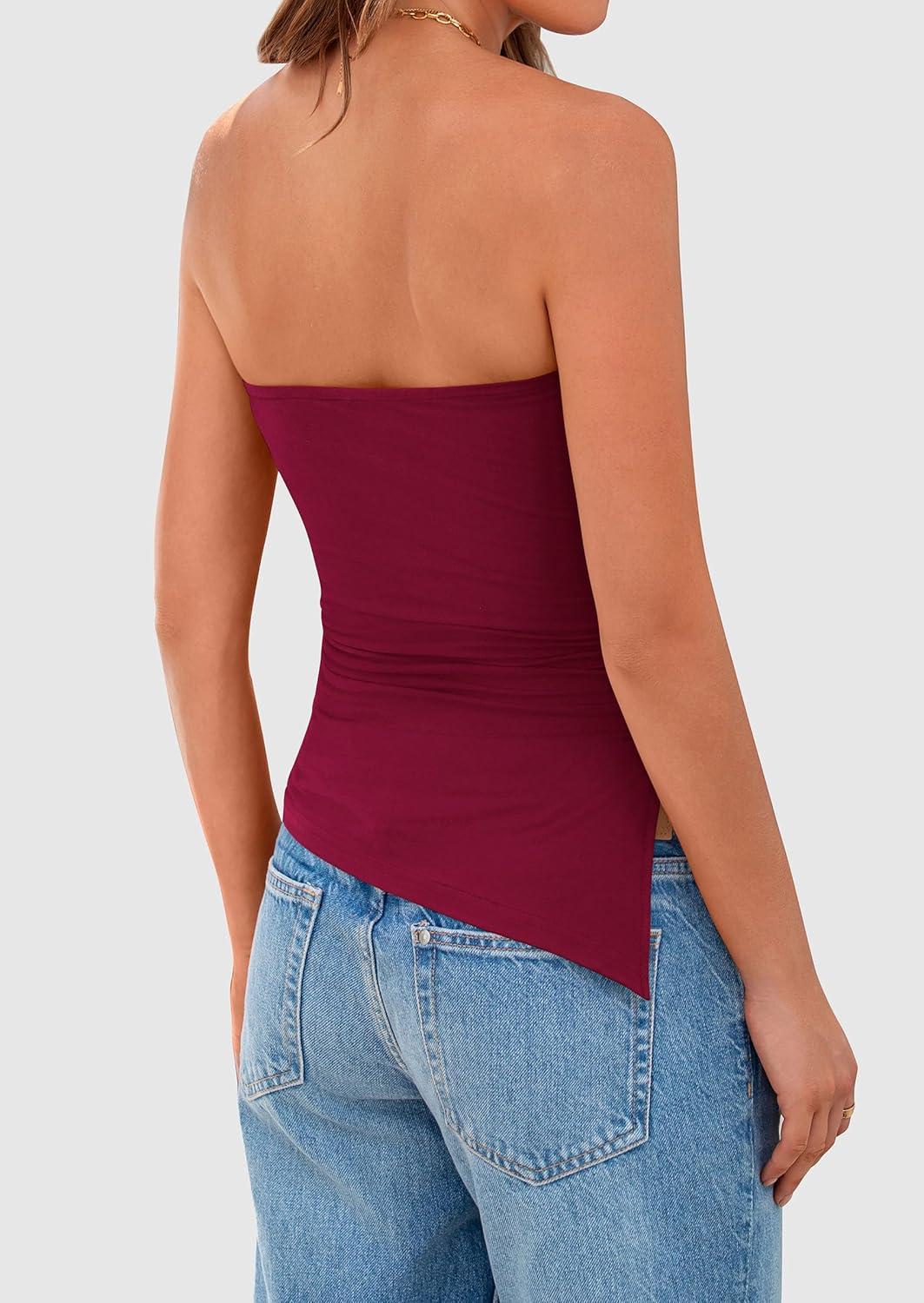 imagePRETTYGARDEN Womens Summer Tube Tops 2025 Trendy Strapless Ruched Going Out Tops Outfits Asymmetrical Bandeau ShirtsWine Red