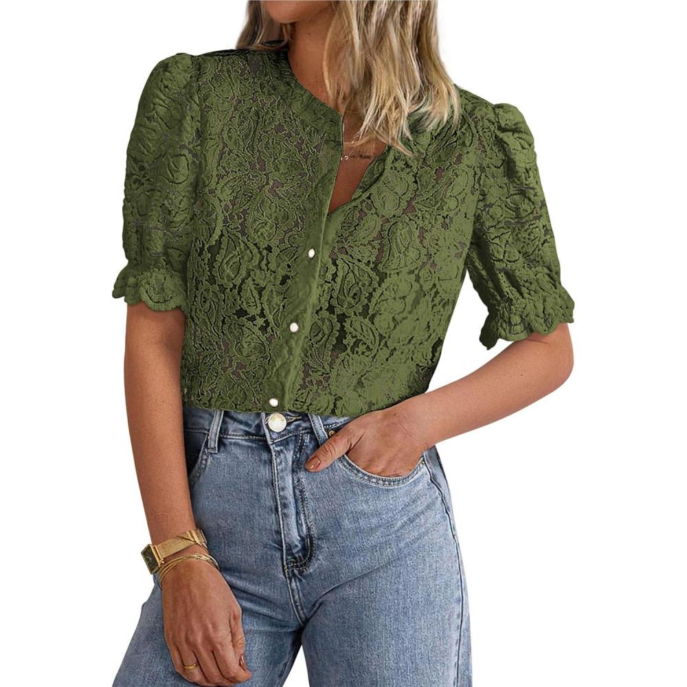 imagePRETTYGARDEN Womens 2025 Spring Lace Tops Short Puff Sleeve Casual Dressy Blouses Eyelet Crew Neck Button Down ShirtsArmy Green