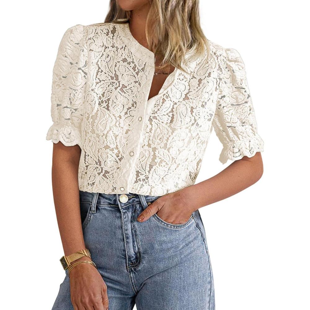 imagePRETTYGARDEN Womens 2025 Spring Lace Tops Short Puff Sleeve Casual Dressy Blouses Eyelet Crew Neck Button Down ShirtsBeige