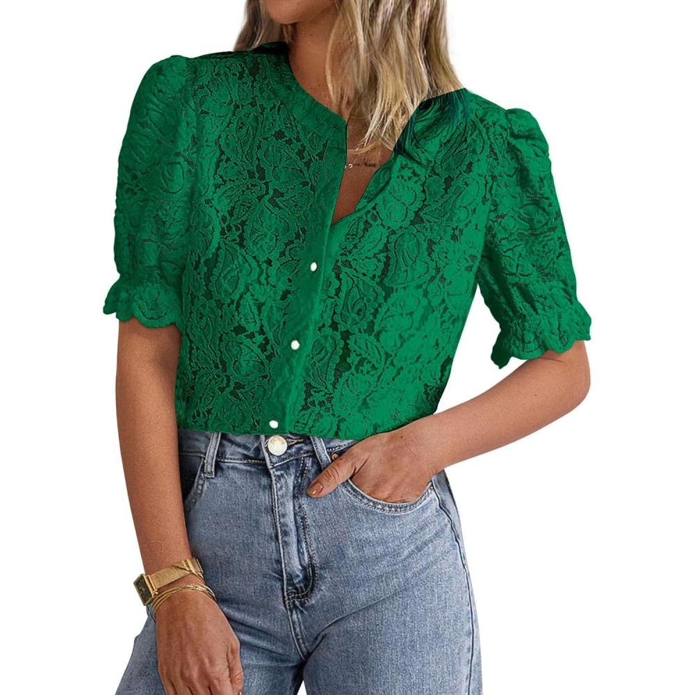 imagePRETTYGARDEN Womens 2025 Spring Lace Tops Short Puff Sleeve Casual Dressy Blouses Eyelet Crew Neck Button Down ShirtsDark Green