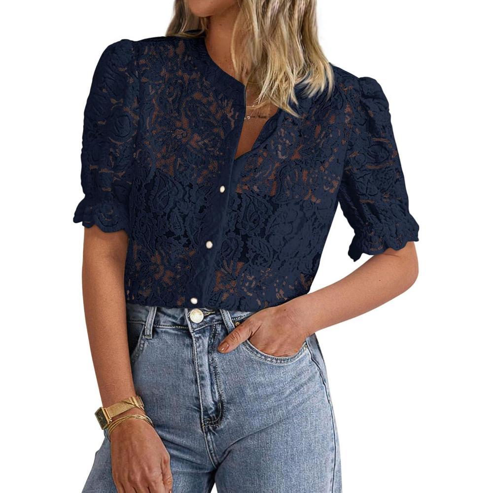 imagePRETTYGARDEN Womens 2025 Spring Lace Tops Short Puff Sleeve Casual Dressy Blouses Eyelet Crew Neck Button Down ShirtsNavy