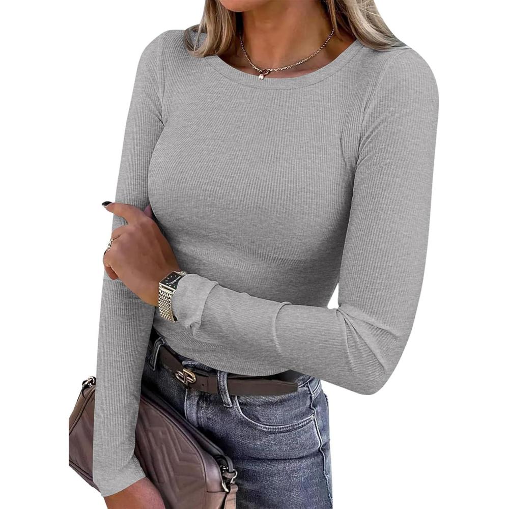 imagePRETTYGARDEN Womens 2025 Summer Fall Long Sleeve Shirts Ribbed Knit Fitted Basic Tee Going Out Tops Underscrub Casual OutfitsGrey