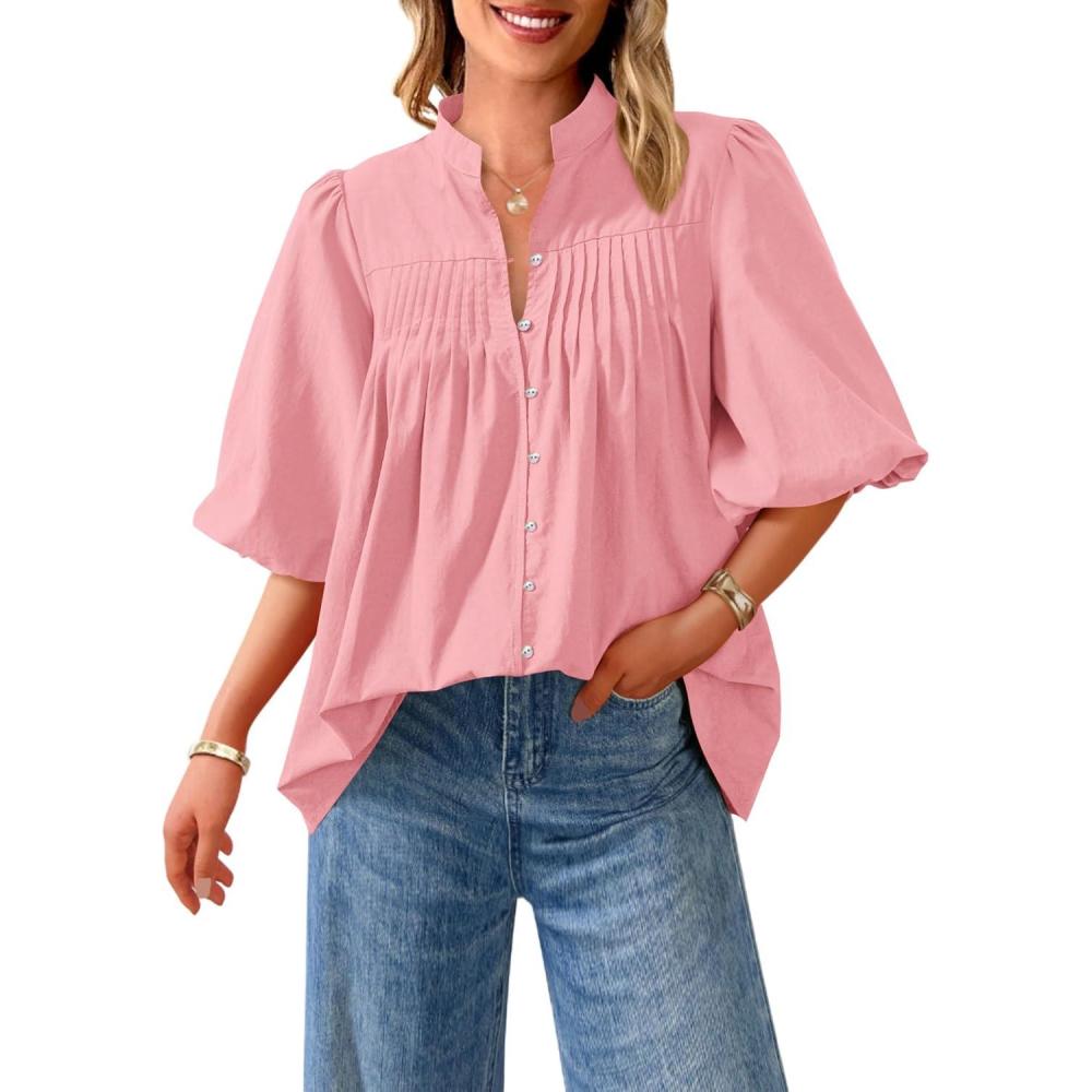 imagePRETTYGARDEN Womens 2025 Summer Short Lantern Sleeve Tops Loose Fit Button Down Shirt Pleated V Neck Blouses Trendy ClothesPink